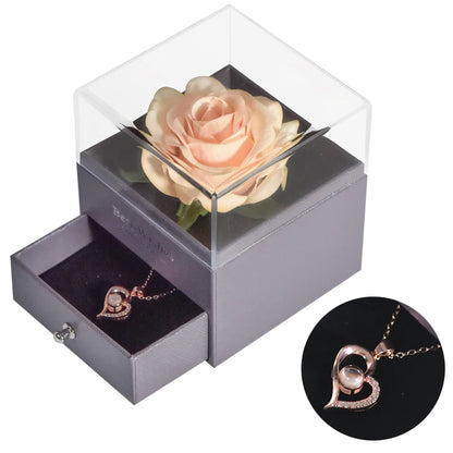 Gifts for Girlfriend Unfade Flower Eternal Rose Jewelry Box 100 Languages I Love You Necklace Wedding Valentines Gift for Women