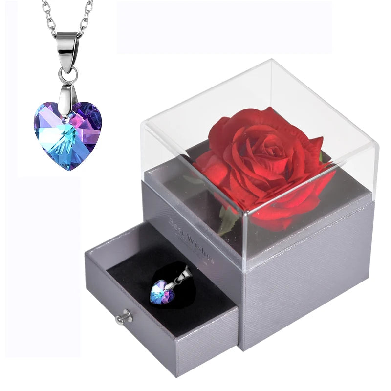 Gifts for Girlfriend Unfade Flower Eternal Rose Jewelry Box 100 Languages I Love You Necklace Wedding Valentines Gift for Women