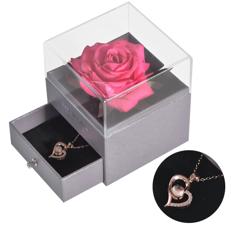 Gifts for Girlfriend Unfade Flower Eternal Rose Jewelry Box 100 Languages I Love You Necklace Wedding Valentines Gift for Women