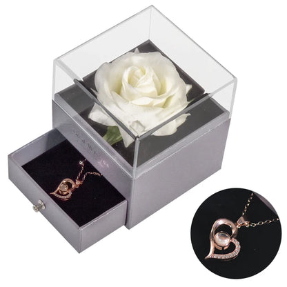 Gifts for Girlfriend Unfade Flower Eternal Rose Jewelry Box 100 Languages I Love You Necklace Wedding Valentines Gift for Women