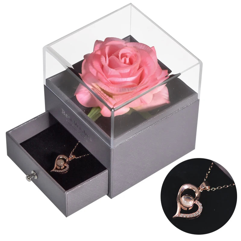 Gifts for Girlfriend Unfade Flower Eternal Rose Jewelry Box 100 Languages I Love You Necklace Wedding Valentines Gift for Women