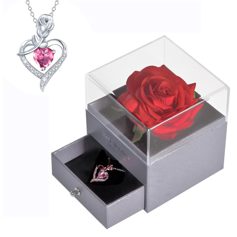 Gifts for Girlfriend Unfade Flower Eternal Rose Jewelry Box 100 Languages I Love You Necklace Wedding Valentines Gift for Women