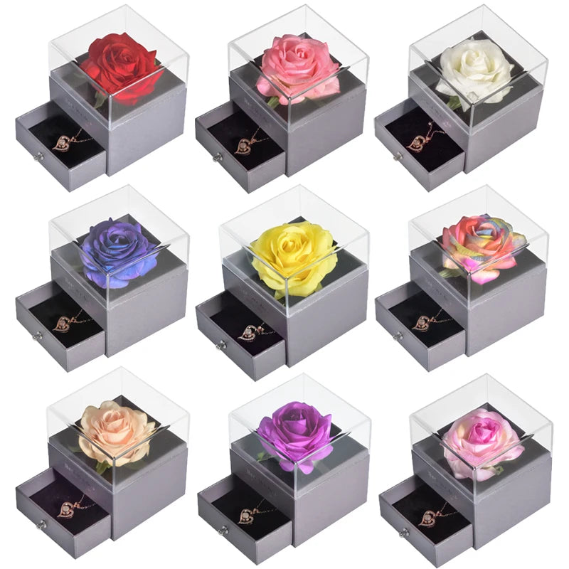 Gifts for Girlfriend Unfade Flower Eternal Rose Jewelry Box 100 Languages I Love You Necklace Wedding Valentines Gift for Women