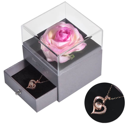 Gifts for Girlfriend Unfade Flower Eternal Rose Jewelry Box 100 Languages I Love You Necklace Wedding Valentines Gift for Women