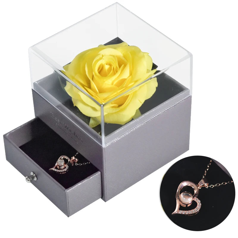 Gifts for Girlfriend Unfade Flower Eternal Rose Jewelry Box 100 Languages I Love You Necklace Wedding Valentines Gift for Women