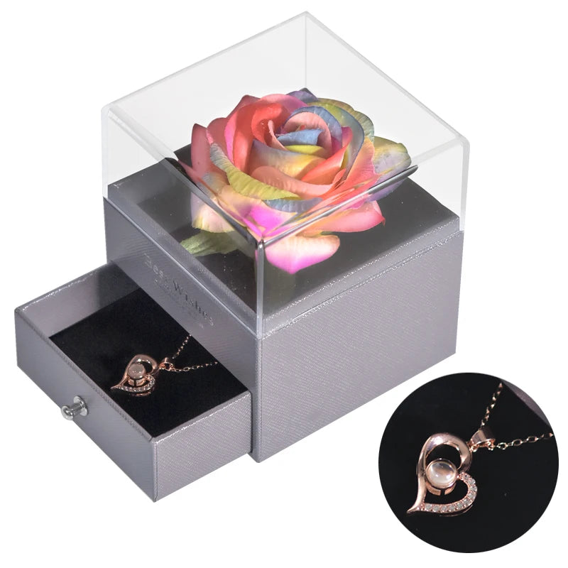 Gifts for Girlfriend Unfade Flower Eternal Rose Jewelry Box 100 Languages I Love You Necklace Wedding Valentines Gift for Women